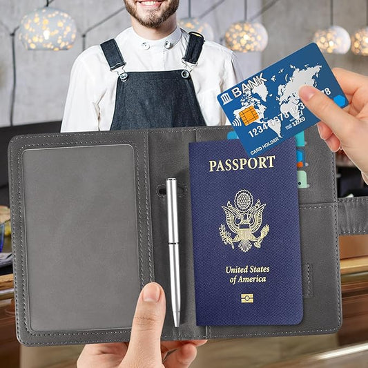 ACdream Passport and Vaccine Card Holder Combo, Cover Case with CDC Vaccination Card Slot, Leather Travel Documents Organizer Protector, with RFID Blocking, for Women and Men - Grey