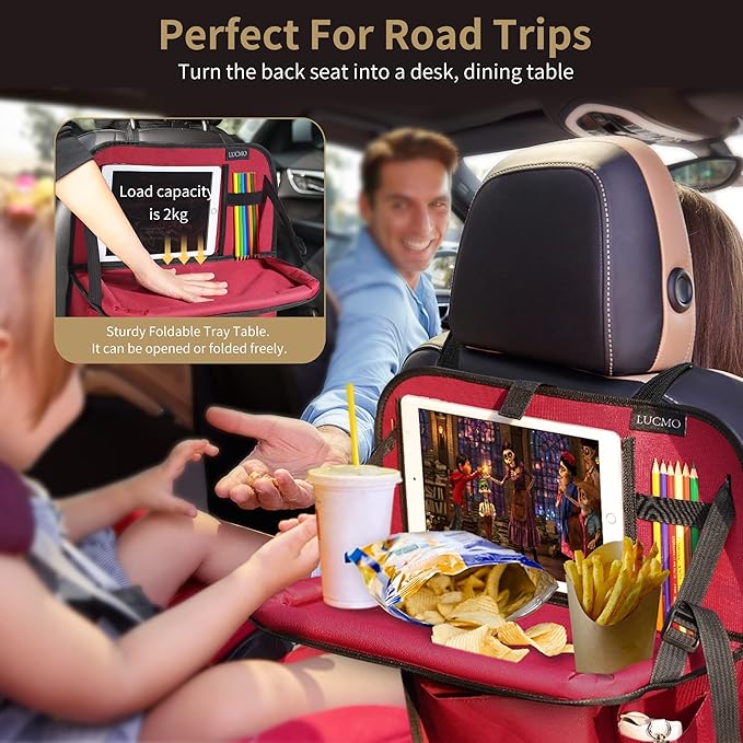 LUCMO Car Backseat Organizer with Tablet Holder,6 Storage Pockets Car Storage Organizer with Foldable Food Tray,Seat Protectors Kick Mats Travel Accessories-Red