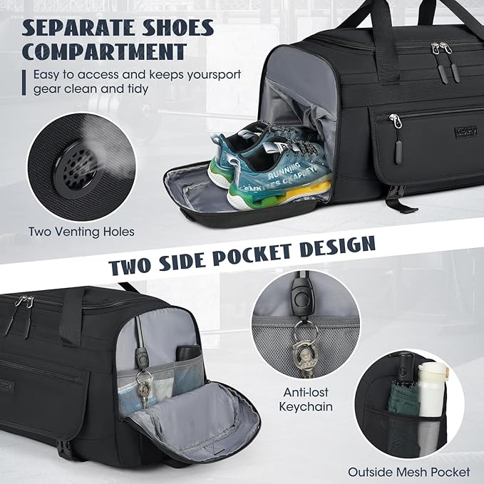 IGOLUMON Gym Bag for Men 40L Sports Duffel Bags Gym Duffle Bag Women with Shoe Compartment & Wet Pocket Water Resistant Travel Duffel Bag Lightweight Weekender Overnight Bag Black