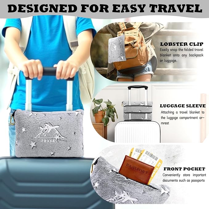 HWING Travel Blanket Airplane Compact with Bag - Glow in The Dark Stars Blanket Travel Pillows for Airplanes Travel Essentials for Flying - Birthday Gifts for Kids Teens Women Camping Outdoor Blanket