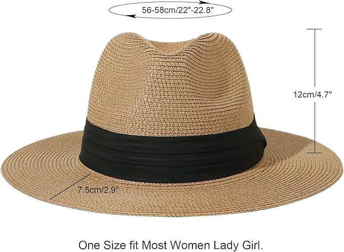 Lanzom Women Wide Brim Straw Panama Roll up Hat Fedora Beach Sun Hat UPF50+