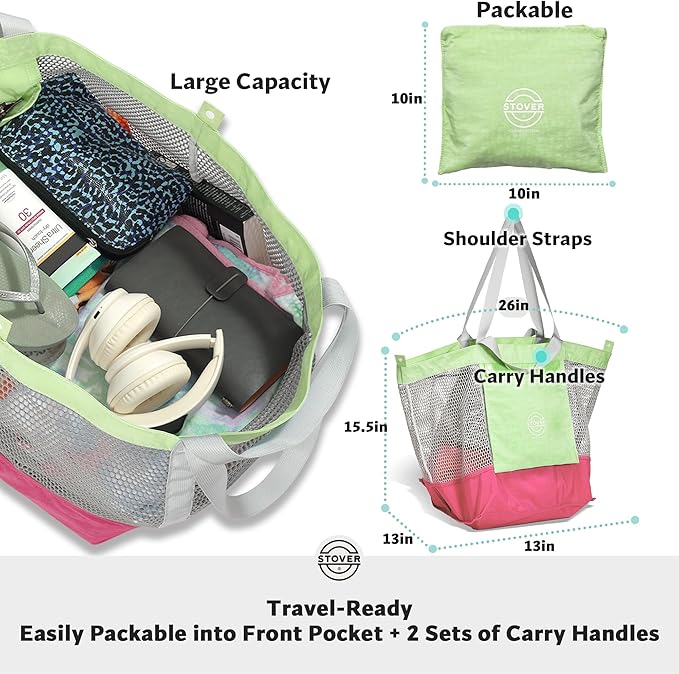 STOVER Large Mesh Beach Bag, Vacation, Pool, Shopping, & Travel Tote - Foldable w/Storage Pockets for Women, Men & Families