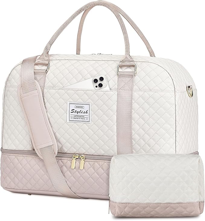 Travel Duffle Bag Weekender for Women: Travel Duffel Bag Carry-On Overnight Bag with Shoe Compartment & Wet Pocket Large Weekend Tote Bag withGym Duffel Bag for Hospital Beige