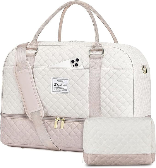 Travel Duffle Bag Weekender for Women: Travel Duffel Bag Carry-On Overnight Bag with Shoe Compartment & Wet Pocket Large Weekend Tote Bag withGym Duffel Bag for Hospital Beige
