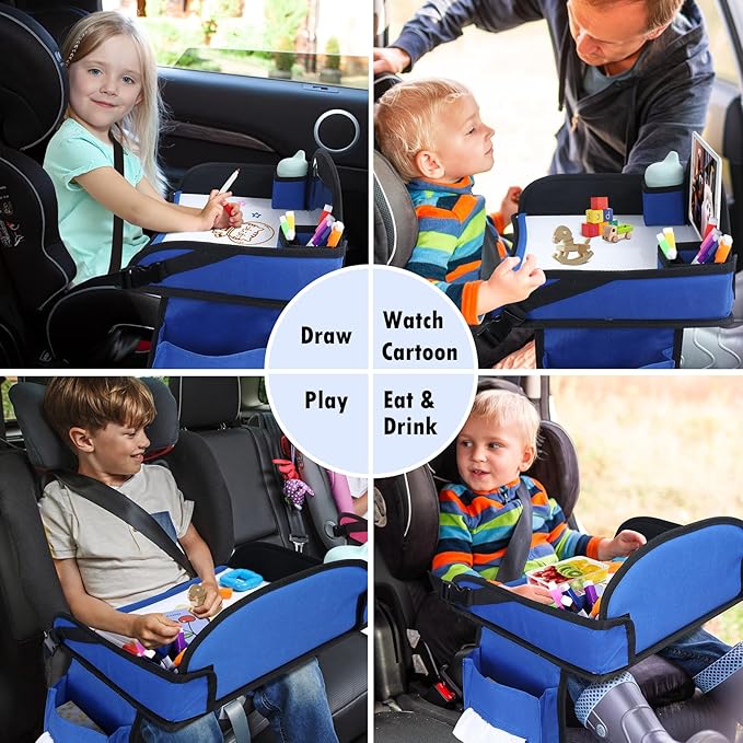 WENRENER Kids Travel Tray for Car Seat, Toddler Road Trip Essentials With Drawing Kit, Travel Activities Must Haves (Navy Blue-2PCS)