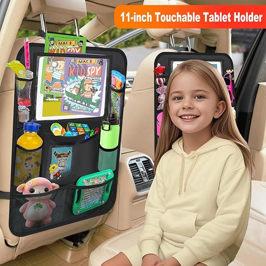 Car Backseat Organizer ，2 Pack Car Organizer Back Seat with 11" Tablet Holder, 10 Storage Pockets Seat Back Protectors Kick Mats for Kids Toddlers, Travel Accessories (Black)