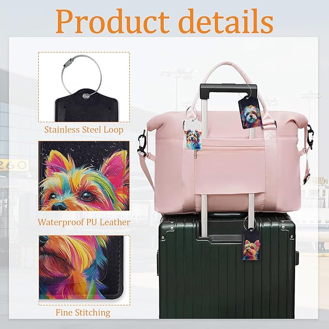 Colorful Dog 3 Pack Luggage Tag for Suitcase, Leather Bag Tags with Privacy Cover ID Label and Durable Steel Loop for Cruise Airport Travel