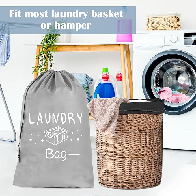 Sylfairy 2 Pack Extra Large Travel Laundry Bag, Rip-Stop Dirty Clothes Shoulder Bag with Drawstring, Heavy Duty Travel Laundry Bag, Large Laundry Hamper Liner (Black+Light Grey, 24" x 36")