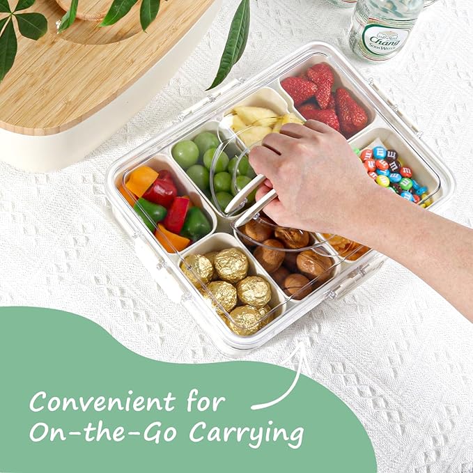 2-Pack Snackle Box Container, Removable Snackle Box with Handle for Candy, Fruits, Nuts, Charcuterie and Veggies, Divided Serving Tray with Lid Perfect for Christmas Party and Entertaining