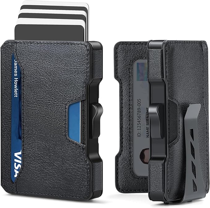 Slim Wallet for Men - Minimalist Mens Wallet with Money Clip, Aluminum Pop Up Card Case and Leather Slots Credit Card Holder RFID Blocking Wallet for Men with Gift Box