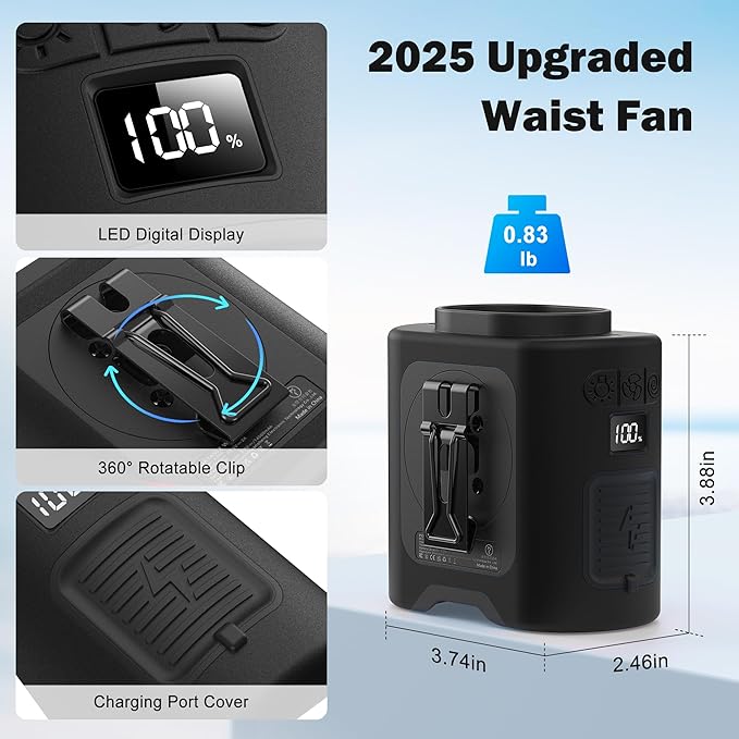 KITWLEMEN 14500mAh Portable Waist Fan - Personal Clip on Belt Fan, 5 Speed 67H Cooling, Rechargeable Battery Operated, Wearable with Lanyard & Light for Camping, Travel, Jobsite (Black)