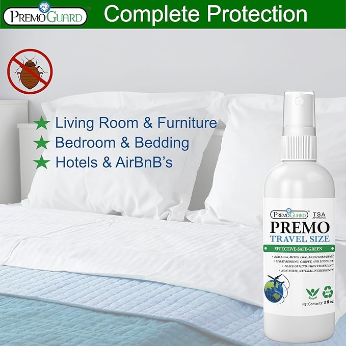 Travel Bed Bug & Mite Killer Spray by Premo Guard 3 oz – Child & Pet Safe – Fast Acting – Stain & Odor Free – Best Protection – Carryon Bag Approved