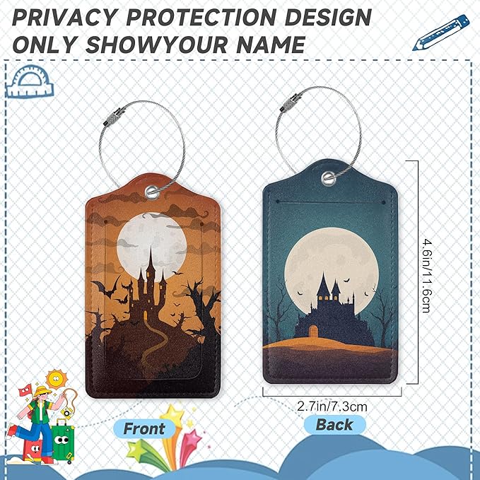 Halloween Night Full Moon Luggage Tags for Suitcases,2 Pack Bat Luggage Tag,Leather Stainless Steel Loop Label Tag for Women Men Girls Travel Bag Suitcase