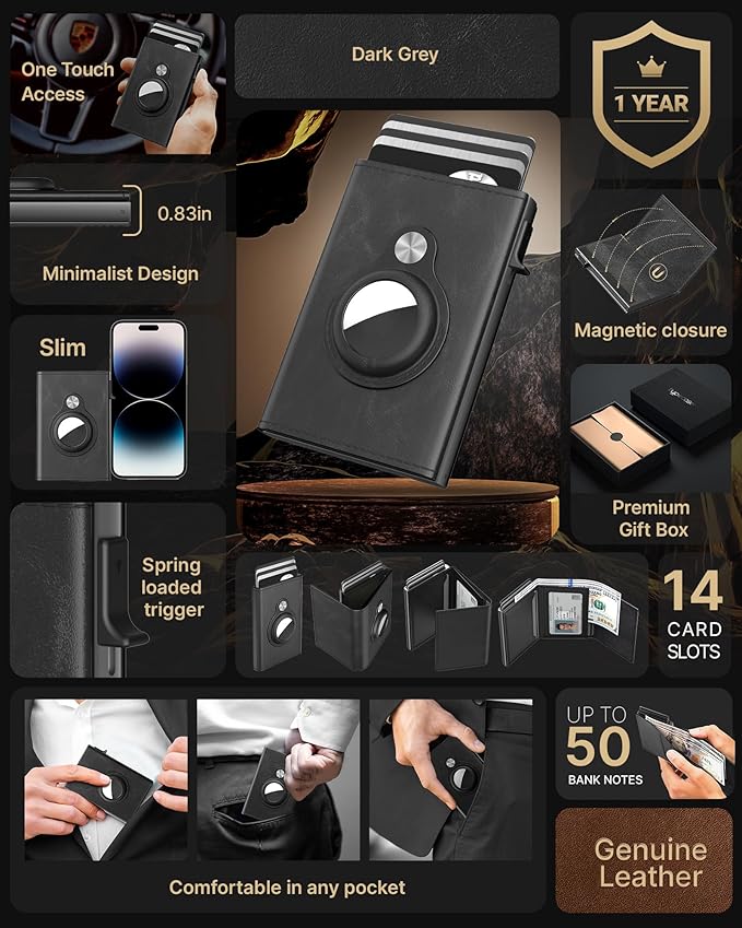 typecase Mens Wallet Card Holder for AirTag: Leather Smart Wallet for Men Compatible with Apple Air Tag, RFID Blocking, Slim, Minimalist - 9-14 Card Capacity | ID Window | Cash Slot (Black)