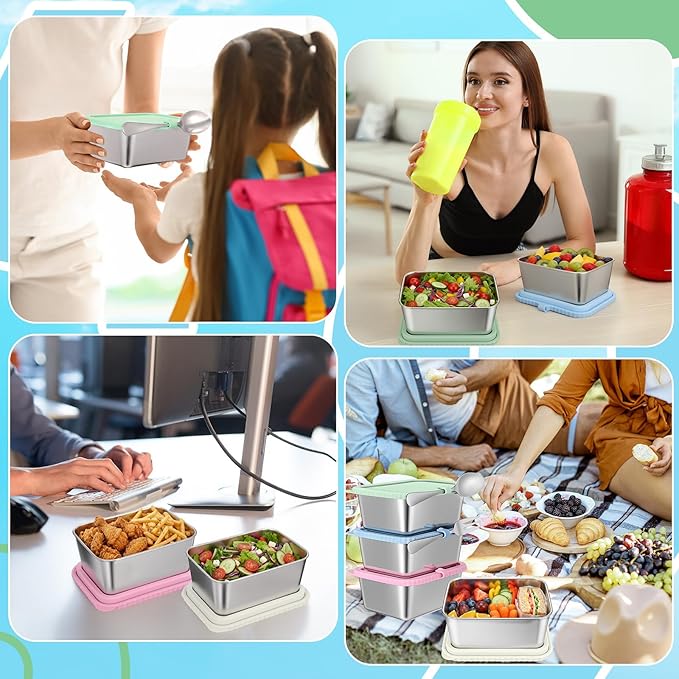 Acellegic Stainless Steel Snack Containers with Silicone Lids, 15 oz Reusable Food Storage Deli Containers for Meal, Leak Proof, Easy Open BPA Free Daycare and School (Blue, Pink, Green,Beige,4 Pack)