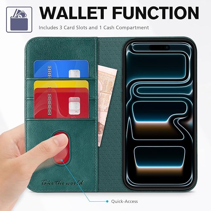 TUCCH Wallet Case for iPhone 17 Pro (6.3-Inch) 2025, 3 Credit Card Slot | RFID Blocking | Stand | PU Leather | Shockproof TPU Interior Shell | Protective Flip Folio Cover | Teal Blue