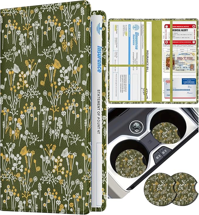 Slohif Car Registration and Insurance Card Holder - Vehicle Glove Box Organizer Women with Magnetic Shut Leather Automobile License Holders Coasters Auto Accessories Case for Document,Green