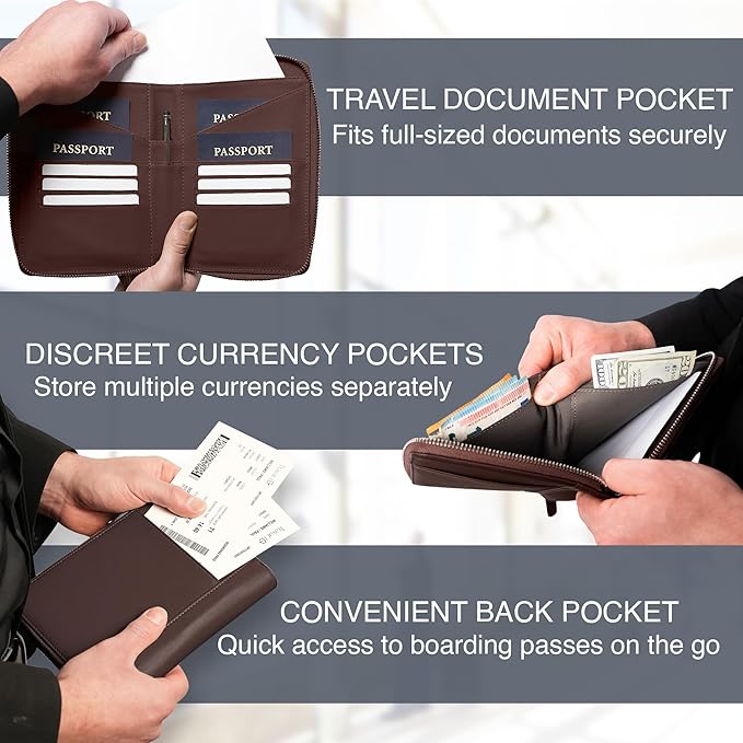 Full Grain Leather Family Passport Holder for 2-4 Passports - RFID Passport Holder and Travel Document Organizer - Large Leather Travel Wallet for Couples and Families - Brown