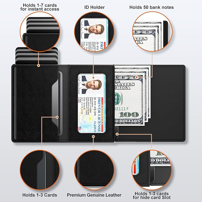 Mens Wallet Card Holder for AirTag - Top Grain Leather Smart Wallet for Men Compatible with Apple Air Tag, RFID Blocking, Slim, Minimalist, 9-14 Card Capacity | ID Window | Cash Slot