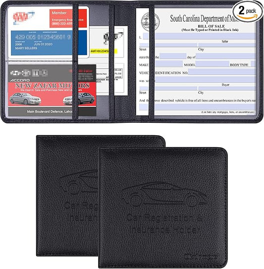 Wisdompro Car Registration and Insurance Card Holder 2 Pack PU Leather Vehicle Glove Box Documents Organizer Auto Paperwork Wallet Case for Women Men Files, ID, Driver's License - Black and Black