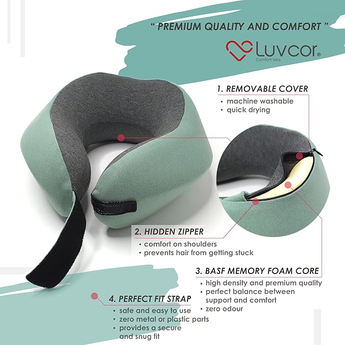 Premium Quality Memory Foam Travel Neck Pillow Bundle - Best Ergonomic Pillow for Airplane Travel, car Ride, Sleeping. Comes with Eye mask, earplugs and Storage Bag. (Imperial Green)