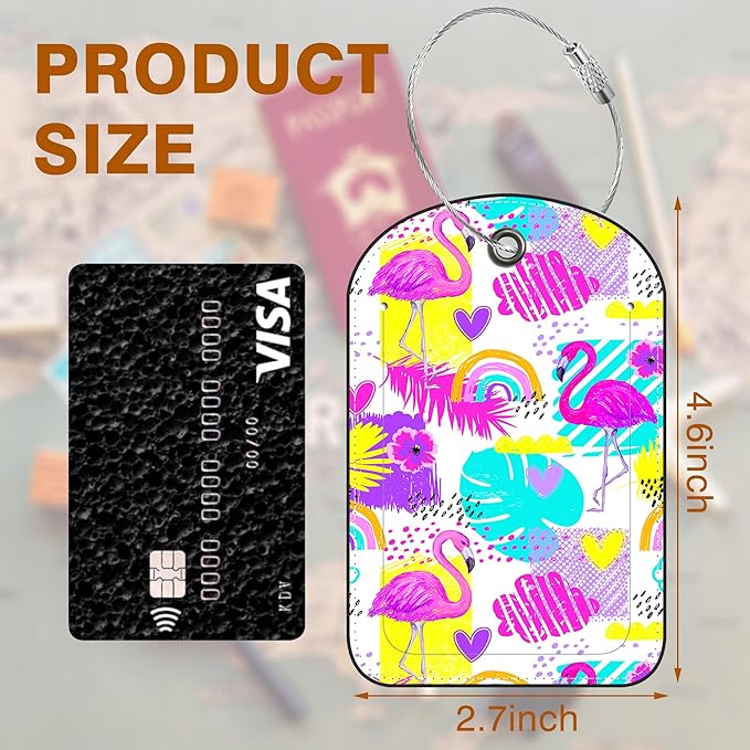 2 PCS Leather Luggage Tag for Suitcase Tropical Leaf and Flamingo Travel Suitcase Labels with Privacy Name ID Label and Stainless Steel Loop for Adults Teens Travel Bag Labels Set
