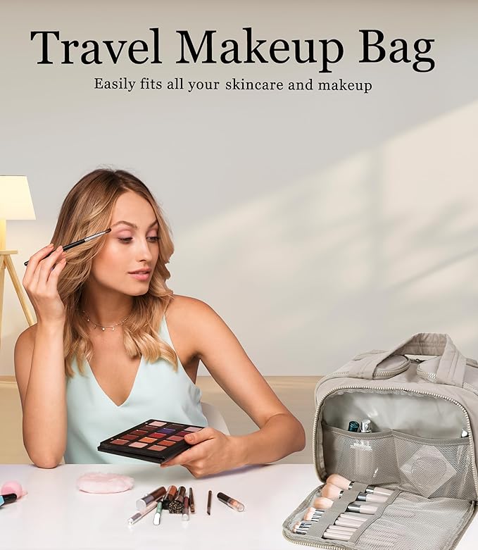 Travel Toiletry Bag for Women, Large Wide-open Puffy Cosmetic Makeup Bag with Wet-Dry Separation, Multi-Pocket Organizer with Carry Handle for Toiletries, Cosmetics, Essentials, Camel