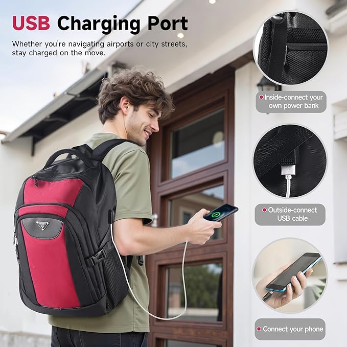 Laptop Travel Backpack with USB Charging Port, Anti-Theft Travel Business Backpack Fits 17 Inch Notebook, 30L Water-Resistant Work Computer Backpack, College School Bookbag for Men Women, Red/Black