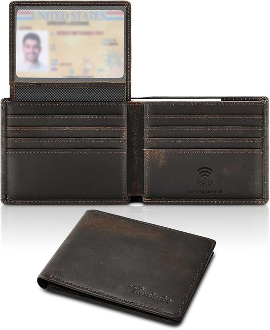 Travelambo Genuine Leather Wallet for Men with Gift Box - Handmade Bifold Stylish - Mens Wallets Rfid Blocking with 2 ID Windows