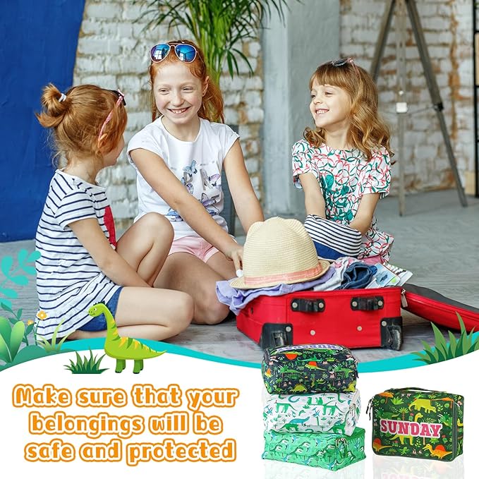 Paterr 7 Pcs Packing Cubes for Travel Kids Days of Week Compression Packing Cubes Colorful Luggage Organizers Suitcase Camp(Dinosaur)