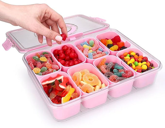 Snackle Box Container with Lid Travel Charcuterie Box with Handle Organizer for Candy, Fruit, Nuts, Veggies, Snacks, Beach Essentials, Portable Lunch Box (Pink, Large)
