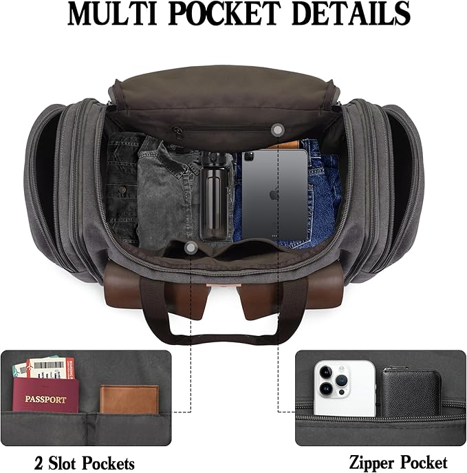 Canvas Duffle Bag for Men 60L Travel Duffel Bags Expandable Genuine Leather Duffel Overnight Weekender Carry On Bag Two Zipper Pockets Travel Bag (Grey, X Large-60L)