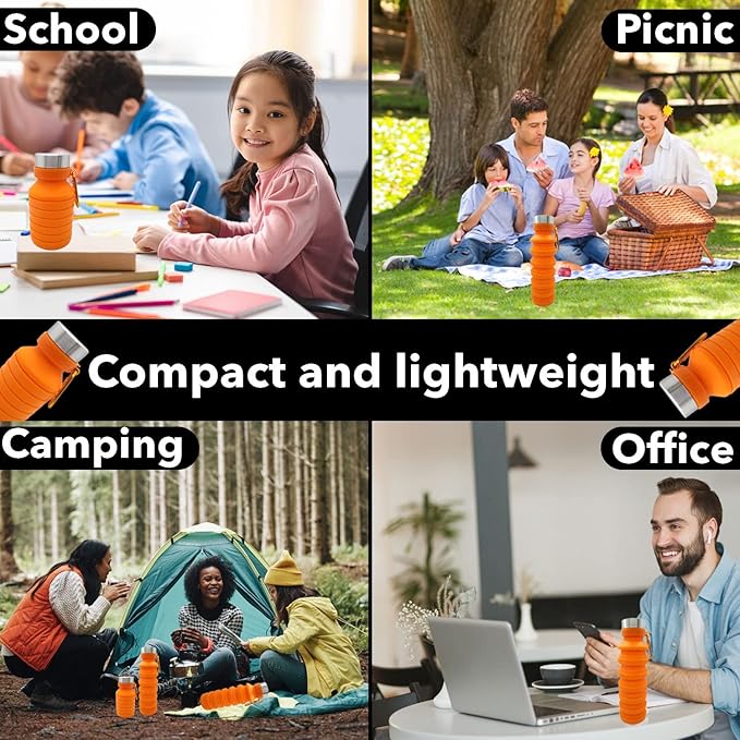 Collapsible Water Bottle (Orange) - Reusable, BPA Free, Silicone, Foldable Portable & Leak Proof - Water Bottles for Travel Gym Camping Hiking - Sports Water Bottle with Carabiner