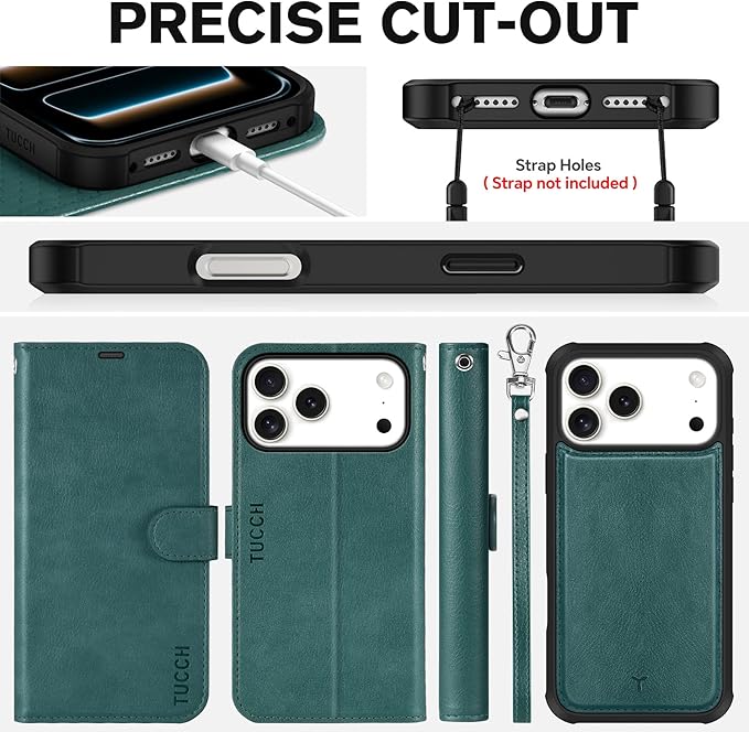 TUCCH Removable Case Wallet for iPhone 17 Pro Max (6.9") 2025, Detachable Wrist Strap, Wireless Charging, Stand, 4 Card Slots RFID Blocking, 2-in-1 Magnetic, PU Leather Shockproof Cover, Teal Blue