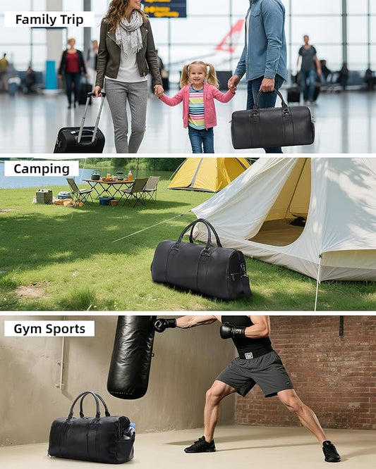 Masa Kawa Black Leather Duffle Bag for Travel Men, 31L Carry On Waterproof Foldable Duffel Bag with Shoe Compartment for Gym, Sports, Overnight Weekender Camping