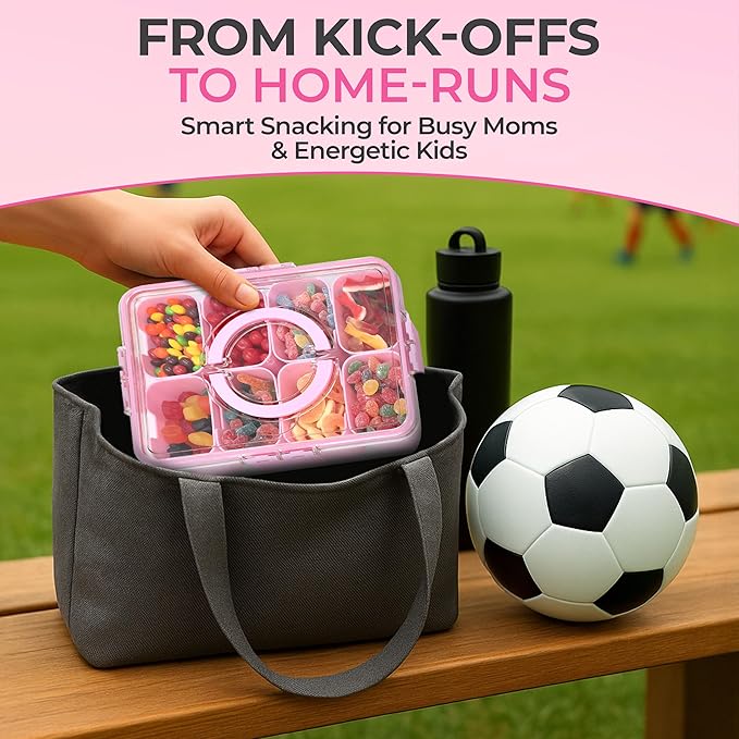 Snackle Box Container with Lid Travel Charcuterie Box with Handle Organizer for Candy, Fruit, Nuts, Veggies, Snacks, Beach Essentials, Portable Lunch Box (Pink, Large)