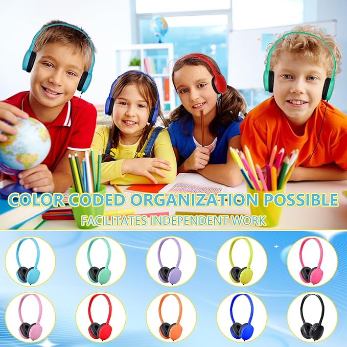 Kids Headphones Bulk for School Classroom 10 Pack On Ear Classroom Headphones for Kids Student Children Boys Girls Multi Color 3.5mm Jack (10 Color)