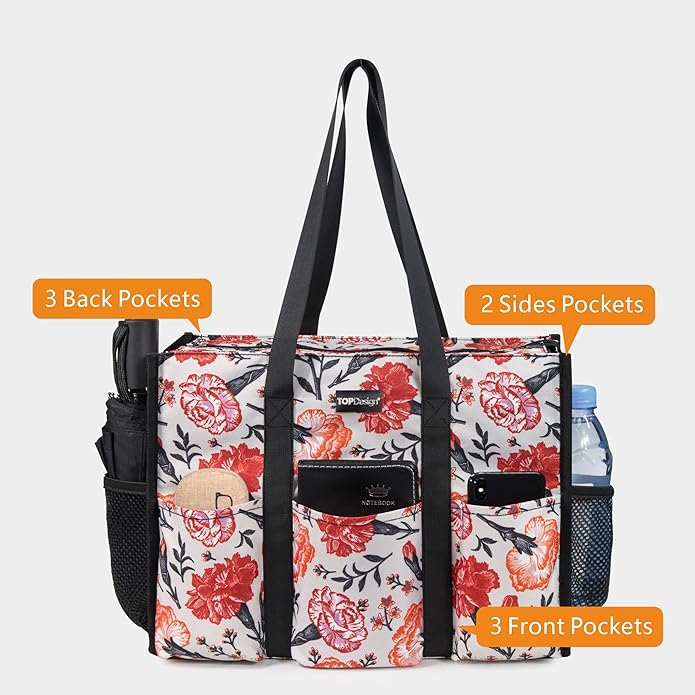TOPDesign Utility Water Resistant Tote Bag with 13 Pockets, Top Zipper Closure & Thick Bottom Support, for Working Women