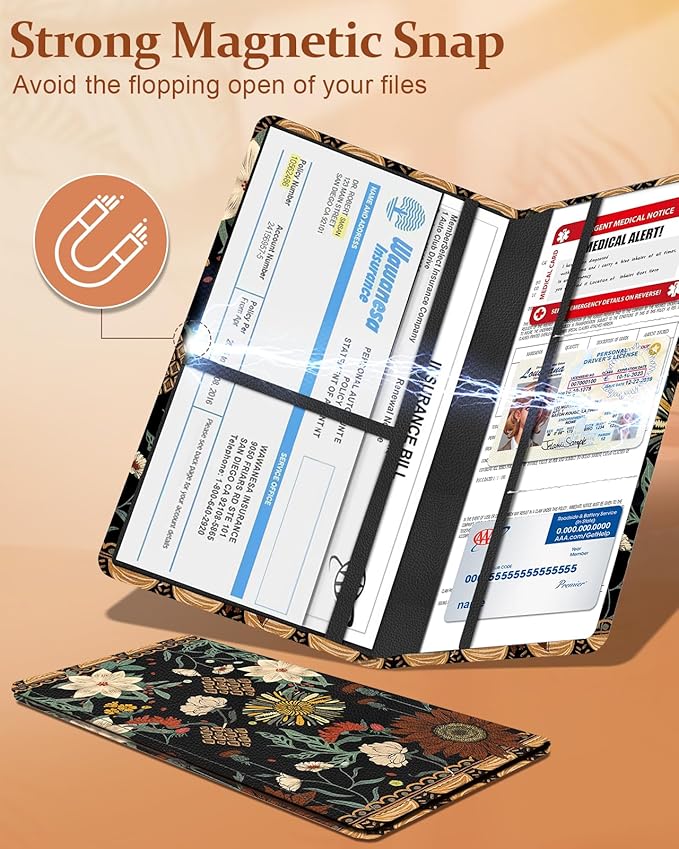 Slohif Car Registration and Insurance Holder - Boho Vehicle Glove Box Organizer Women with Magnetic Shut Leather Automobile License Holders Coasters Auto Accessories Case for Document