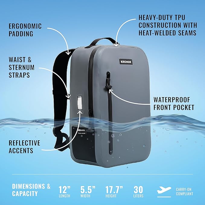 KRONOX 30L Waterproof Backpack for Men – IPX7 Submersible Dry Bag, Lightweight & Durable for Travel, Motorcycle, Kayak