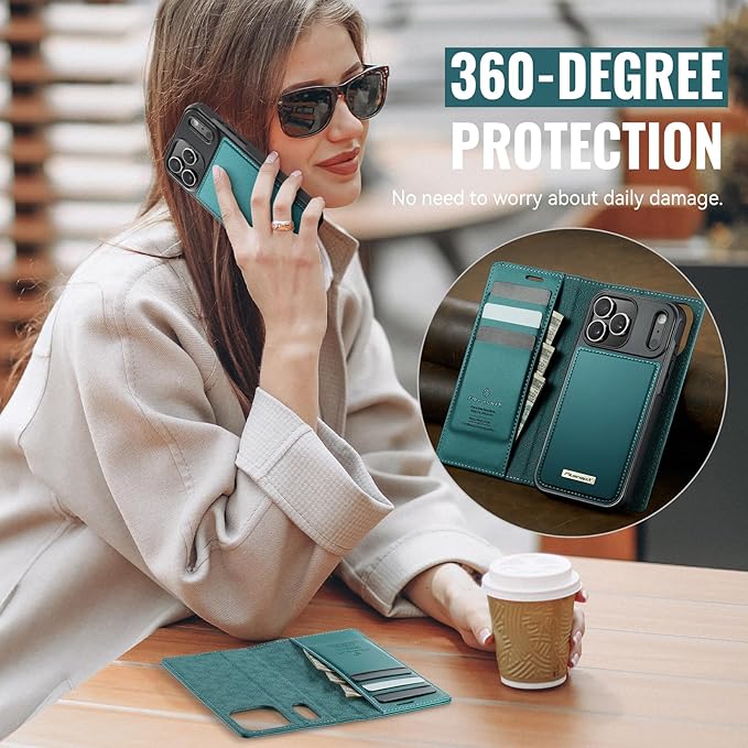 PlusnapX Wallet Case for iPhone 17 Pro Compatible with Magsafe, 2-in-1 PU Leather Flip RFID Blocking Card Holder Stand Shockproof Magnetic Detachable Cover for iPhone 17 Pro Case 6.3", Bluegreen