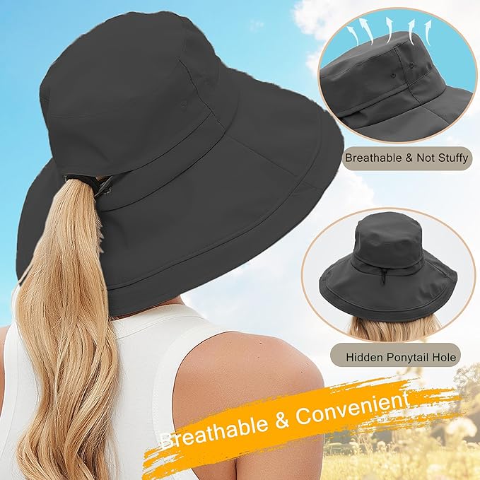 Sun Hats for Women Men UV Protection Wide Brim Bucket Hat with Ponytail Hole Waterproof Gardening Fold-Up Summer Cap