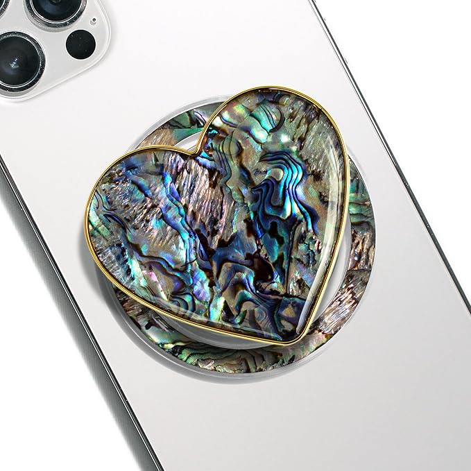 OnTheGrip Cute Natural Seashell Design Heart Shape Collapsible Mobile Phone Grip Stand Holder for Smartphone Tablet Cell Phone Accessory (Black Fresh Water)