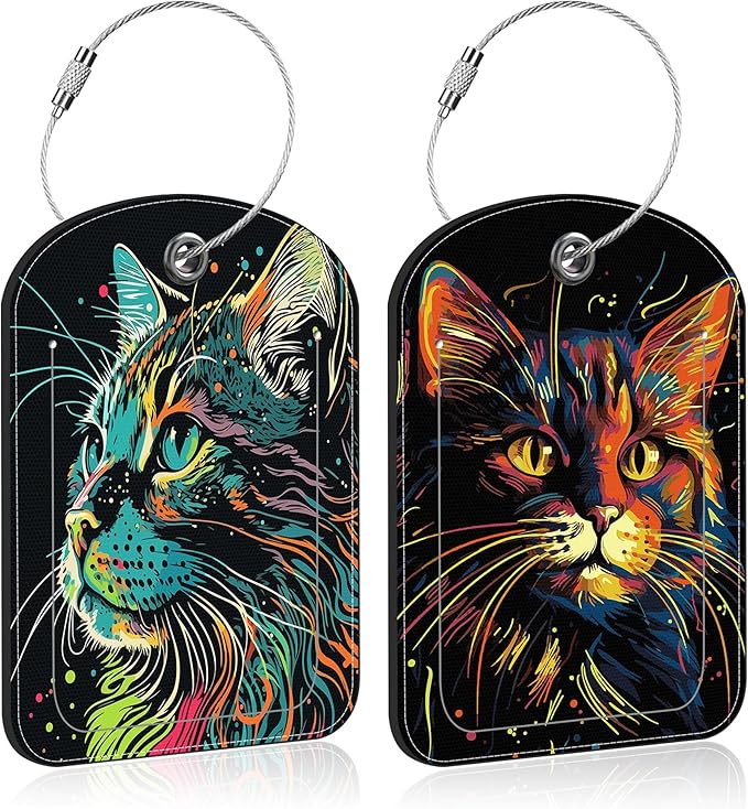 2 Pack Luggage Tag for Suitcase Colorful Cat Leather Suitcase Tags with Privacy Name ID Label and Stainless Steel Loop for Travel Bag