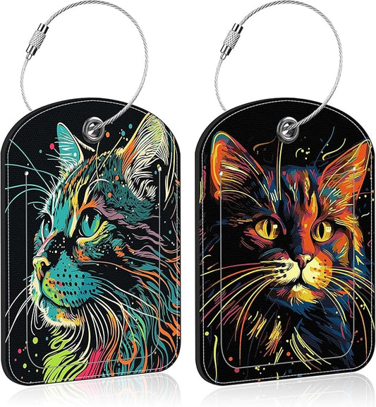 2 Pack Luggage Tag for Suitcase Colorful Cat Leather Suitcase Tags with Privacy Name ID Label and Stainless Steel Loop for Travel Bag