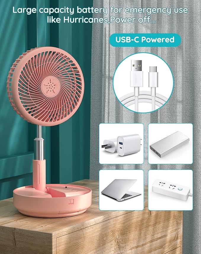Primevolve Portable Oscillating Standing Fan,Rechargeable Battery Operated USB Floor Table Desk Fan with Remote, Bedroom Camping Travel Fans Pink 7.7"