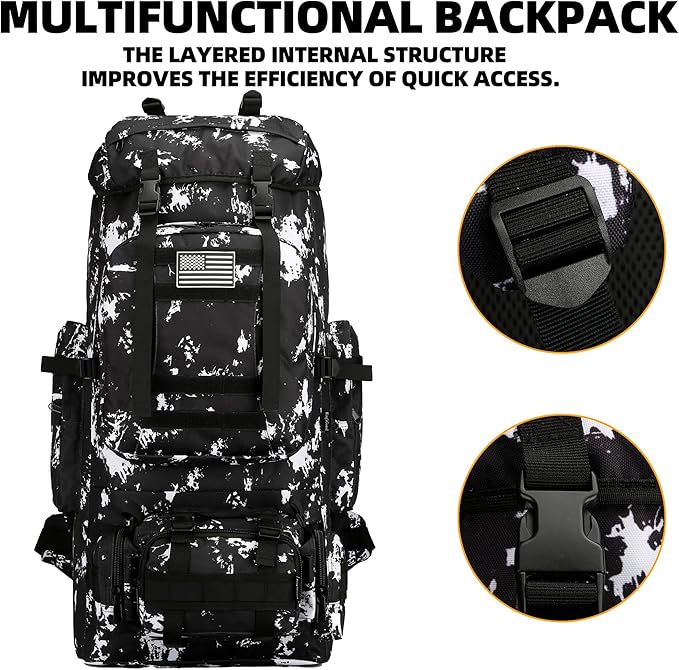 King'sGuard 100L Camping Hiking Backpack Molle Rucksack Military Camping Backpacking Daypack (Black Lighting)