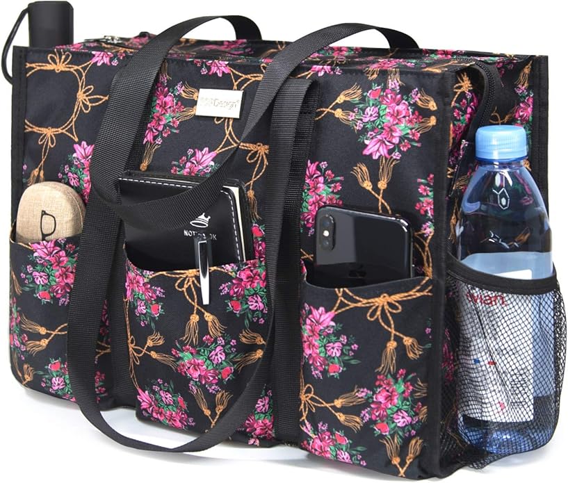 TOPDesign Utility Water Resistant Tote Bag with 13 Pockets, Top Zipper Closure & Thick Bottom Support, for Working Women