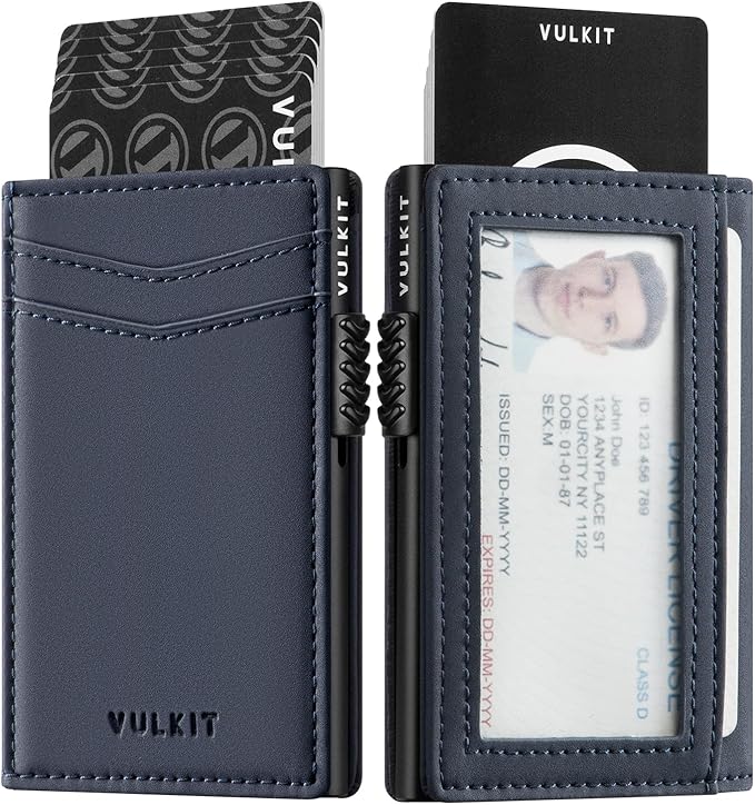 VULKIT Men's Wallet with ID Window Premium Leather Wallets RFID Blocking Minimalist Wallet Pop Up Card Holder Magnetic Closure