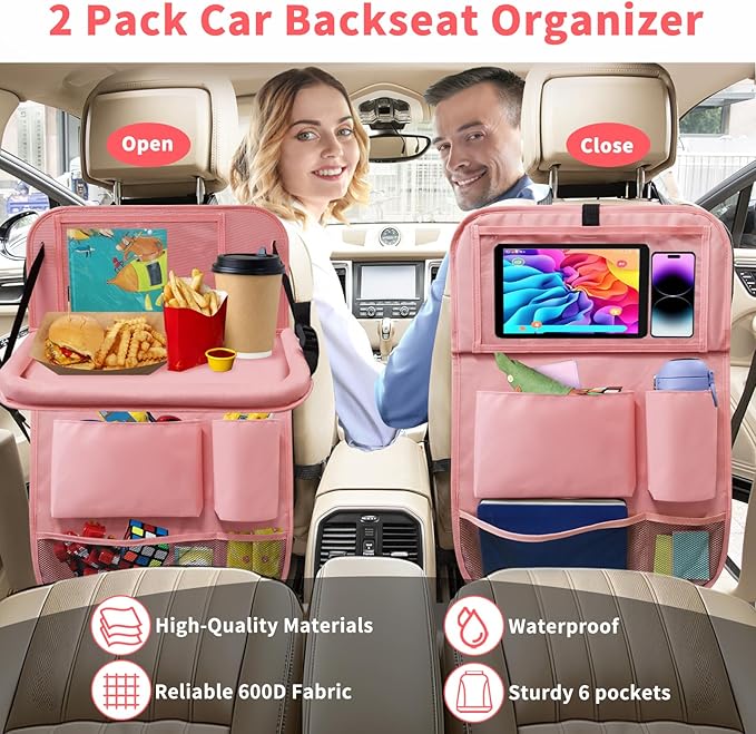 Etre Jeune Car Backseat Organizer with Tray, Seat Back Table Holder with 6 Storage Pockets, Car Seat Back Protectors Kick Mats Travel Accessories, 2 Pack Pink
